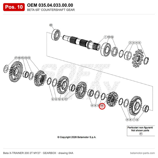 BETA 6° COUNTERSHAFT GEAR – OEM 035.04.033.00.00, position 10 on the Beta X-TRAINER 200 2T MY27 gearbox drawing