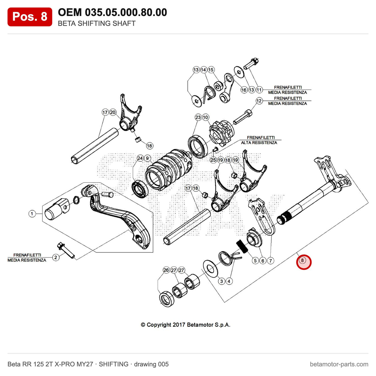BETA SHIFTING SHAFT – OEM 035.05.000.80.00, position 8 on the Beta RR 125 2T X-PRO MY27 shifting drawing