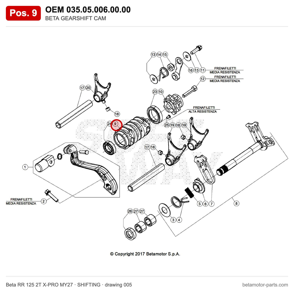 BETA GEARSHIFT CAM – OEM 035.05.006.00.00, position 9 on the Beta RR 125 2T X-PRO MY27 shifting drawing