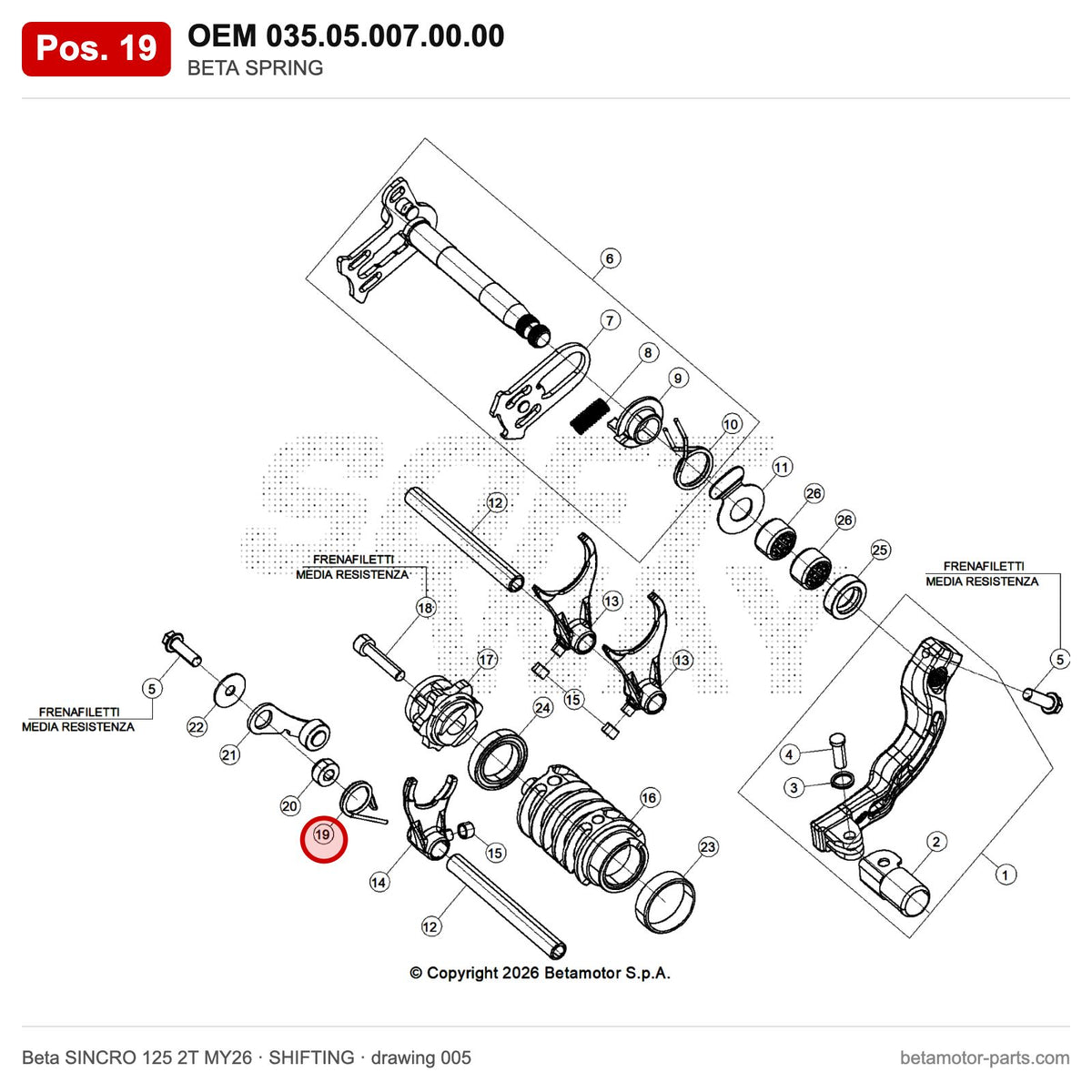 BETA SPRING – OEM 035.05.007.00.00, position 19 on the Beta SINCRO 125 2T MY26 shifting drawing
