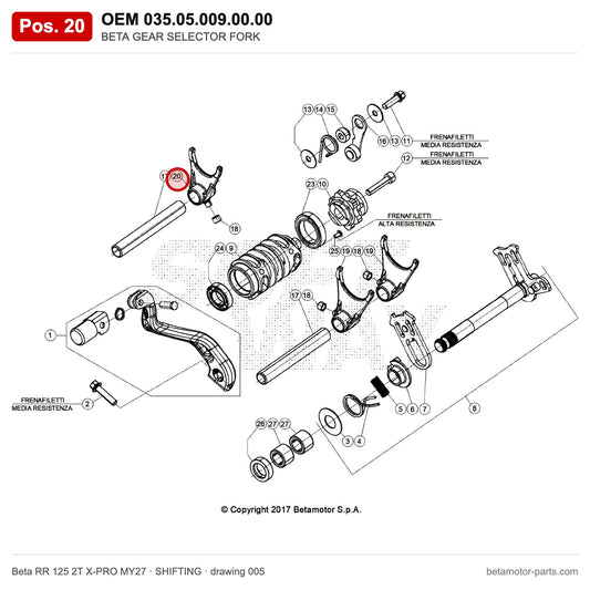 BETA GEAR SELECTOR FORK_1 – OEM 035.05.009.00.00, position 20 on the Beta RR 125 2T X-PRO MY27 shifting drawing