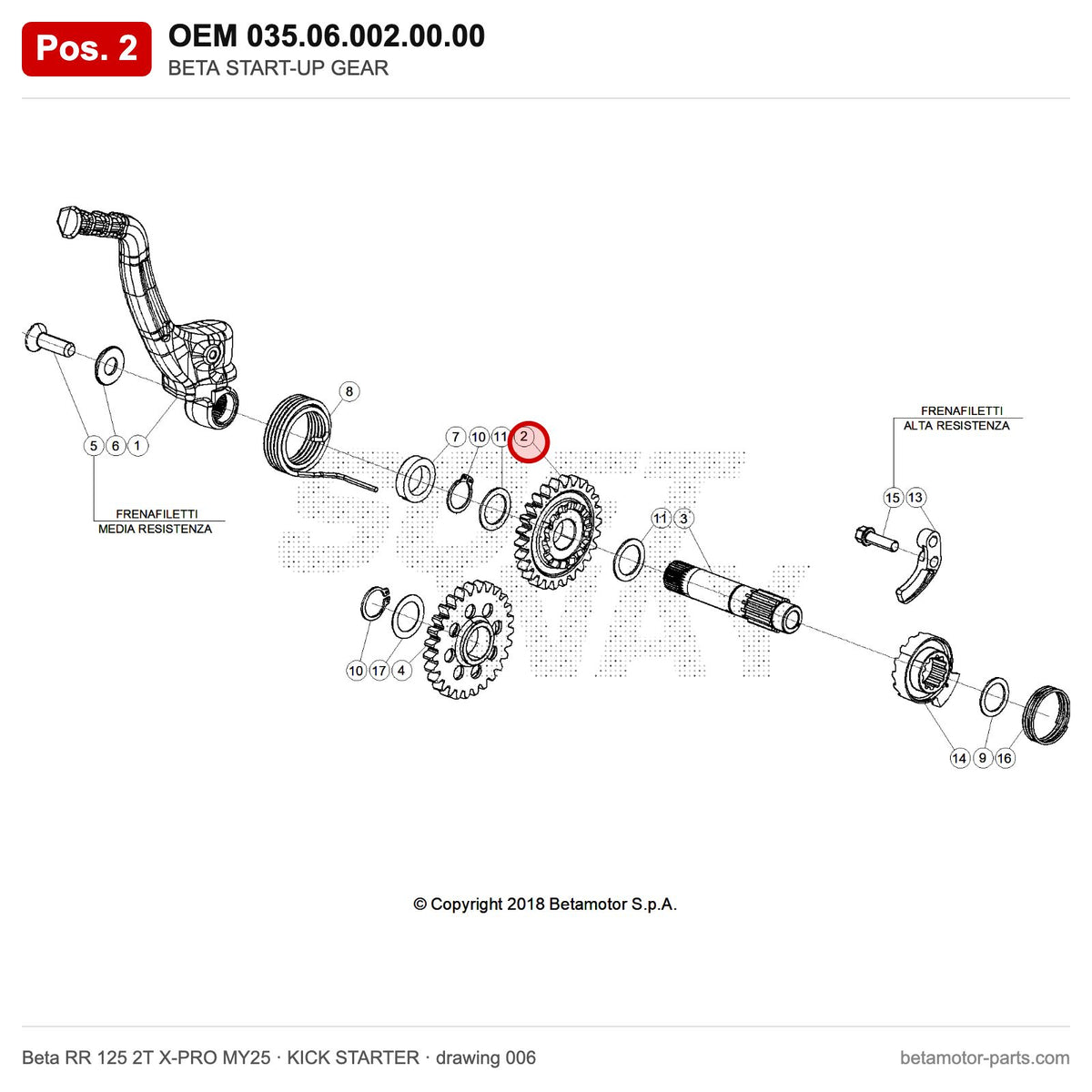 BETA START-UP GEAR – OEM 035.06.002.00.00, position 2 on the Beta RR 125 2T X-PRO MY25 kick starter drawing