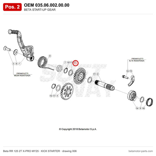 BETA START-UP GEAR – OEM 035.06.002.00.00, position 2 on the Beta RR 125 2T X-PRO MY25 kick starter drawing