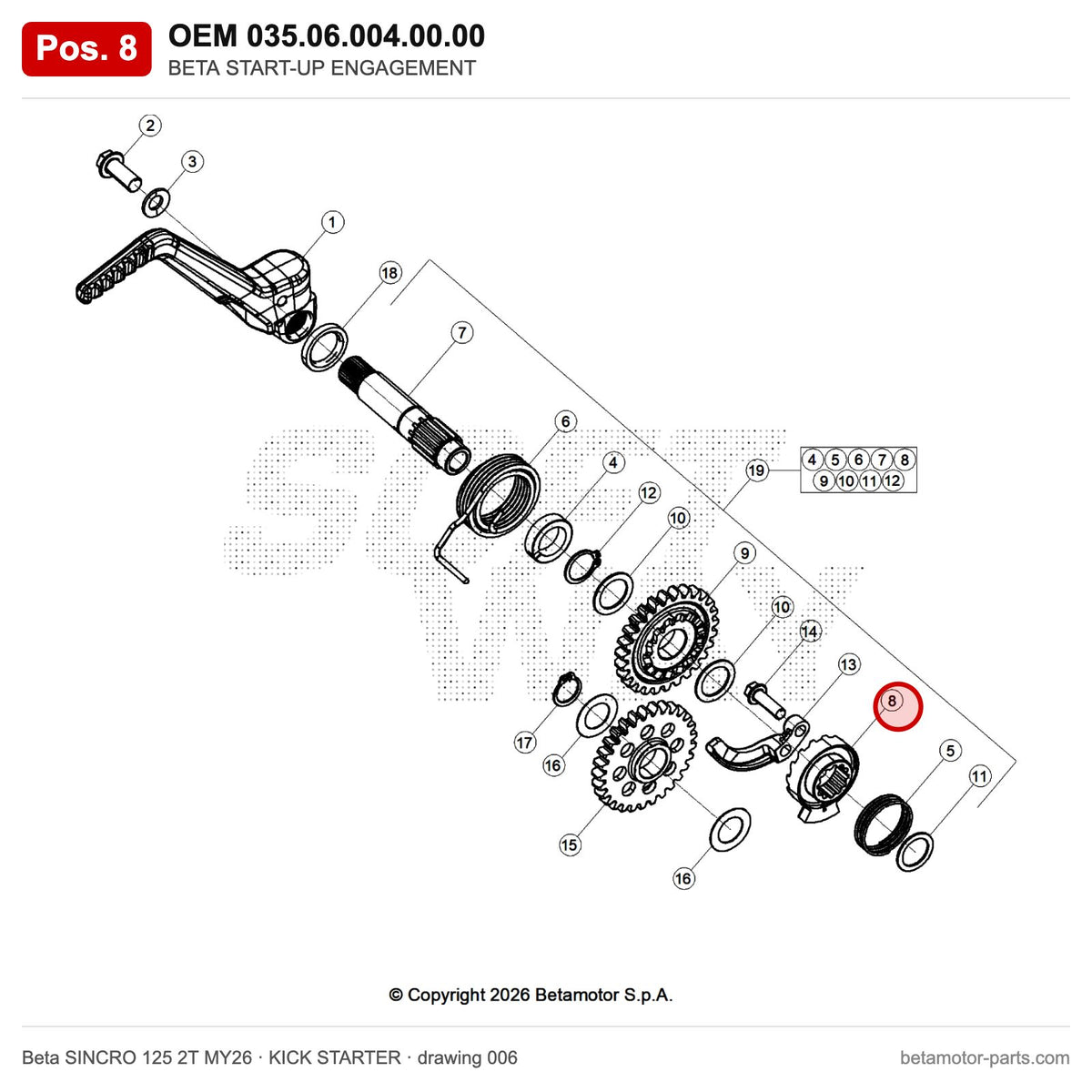BETA START-UP ENGAGEMENT – OEM 035.06.004.00.00, position 8 on the Beta SINCRO 125 2T MY26 kick starter drawing