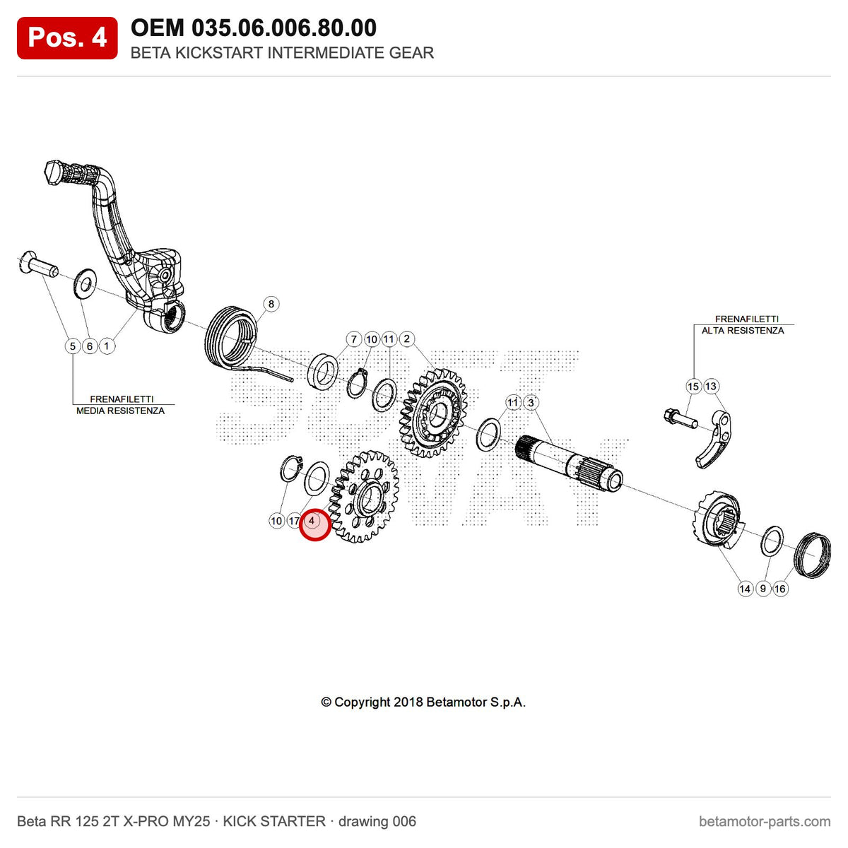 BETA KICKSTART INTERMEDIATE GEAR – OEM 035.06.006.80.00, position 4 on the Beta RR 125 2T X-PRO MY25 kick starter drawing