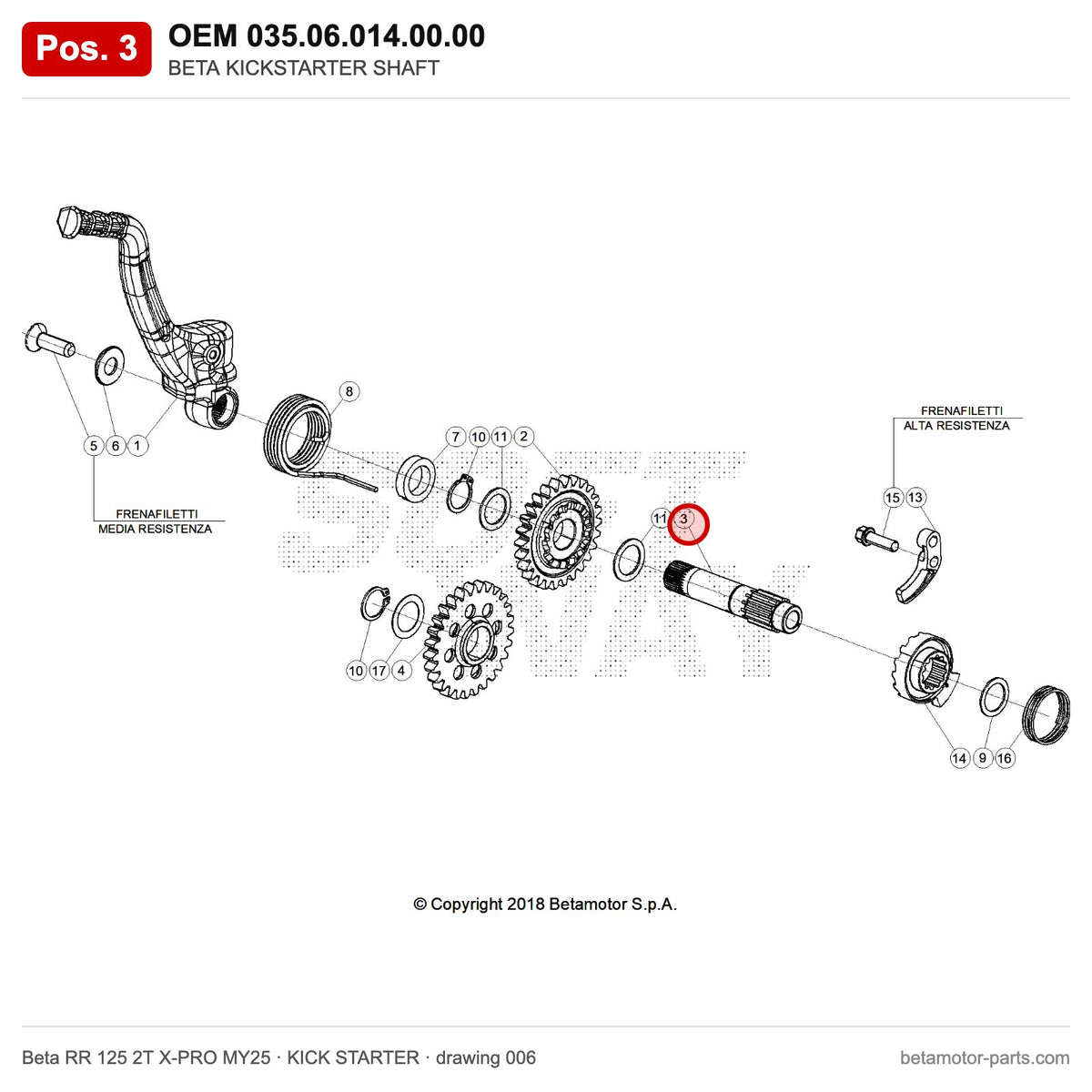 BETA KICKSTARTER SHAFT – OEM 035.06.014.00.00, position 3 on the Beta RR 125 2T X-PRO MY25 kick starter drawing