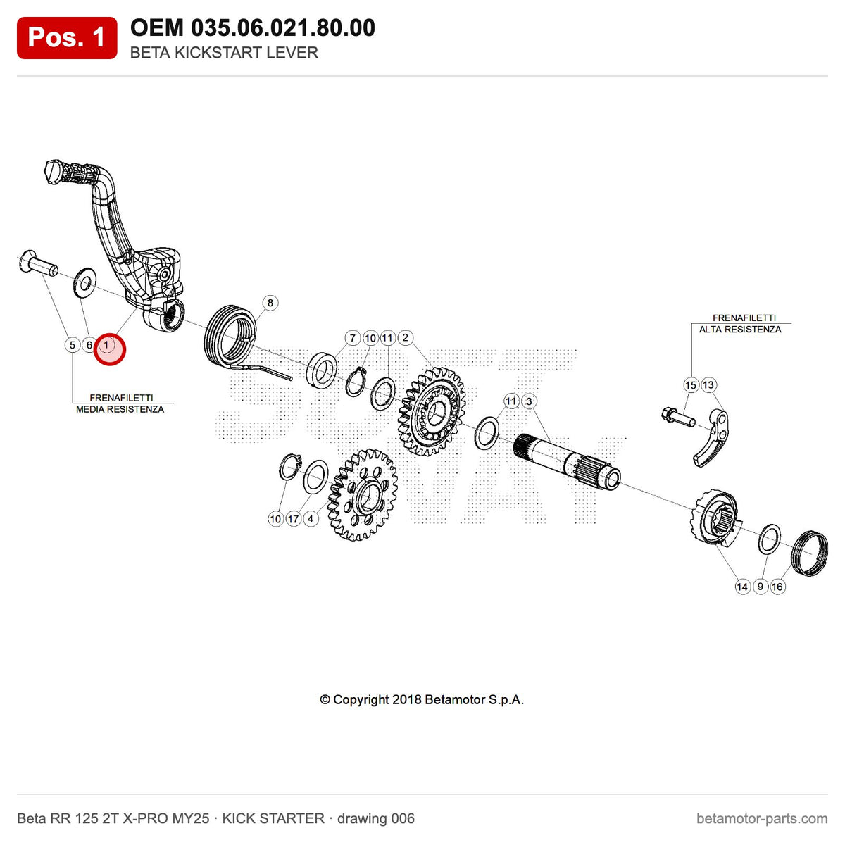 BETA KICKSTART LEVER – OEM 035.06.021.80.00, position 1 on the Beta RR 125 2T X-PRO MY25 kick starter drawing