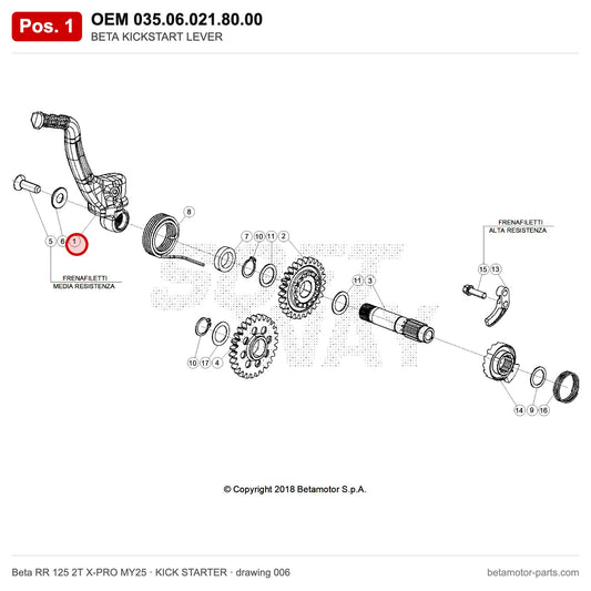 BETA KICKSTART LEVER – OEM 035.06.021.80.00, position 1 on the Beta RR 125 2T X-PRO MY25 kick starter drawing