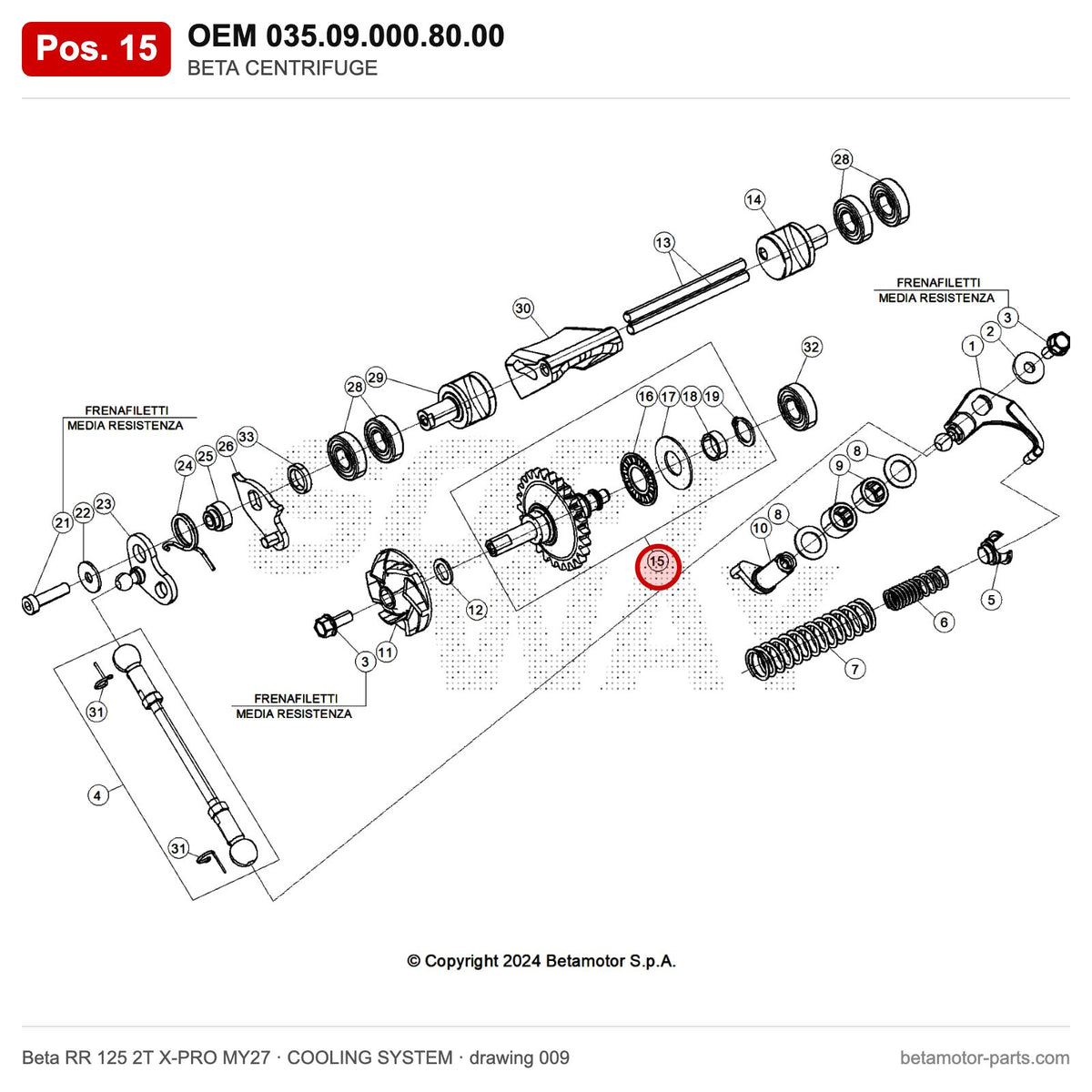 BETA CENTRIFUGE – OEM 035.09.000.80.00, position 15 on the Beta RR 125 2T X-PRO MY27 cooling system drawing