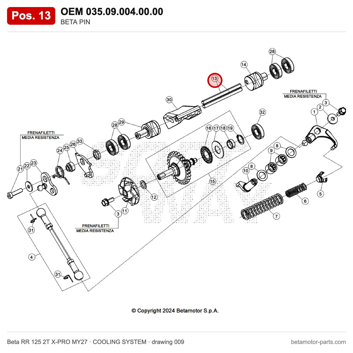 BETA PIN – OEM 035.09.004.00.00, position 13 on the Beta RR 125 2T X-PRO MY27 cooling system drawing