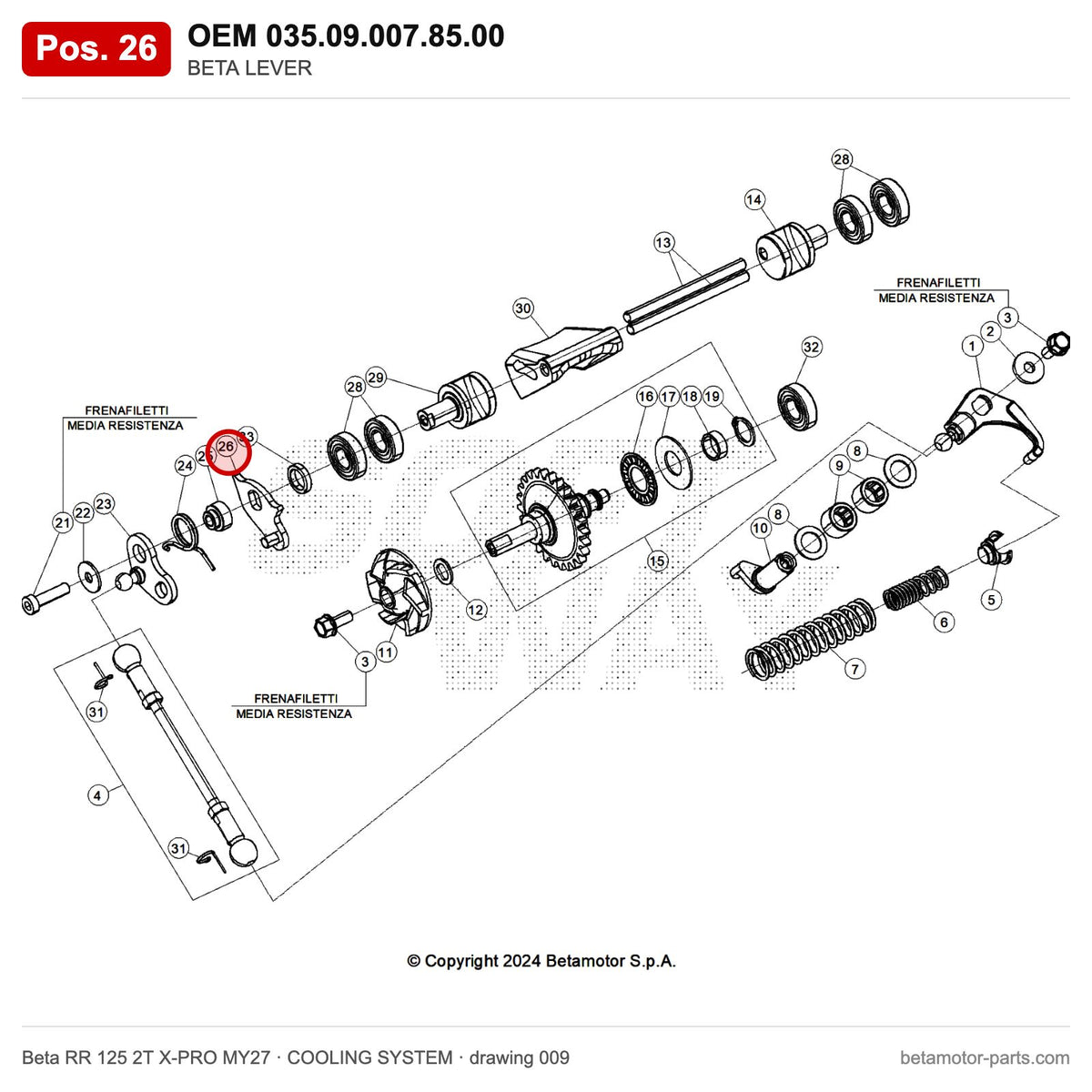 BETA LEVER – OEM 035.09.007.85.00, position 26 on the Beta RR 125 2T X-PRO MY27 cooling system drawing