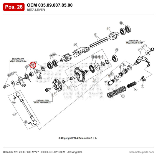 BETA LEVER – OEM 035.09.007.85.00, position 26 on the Beta RR 125 2T X-PRO MY27 cooling system drawing