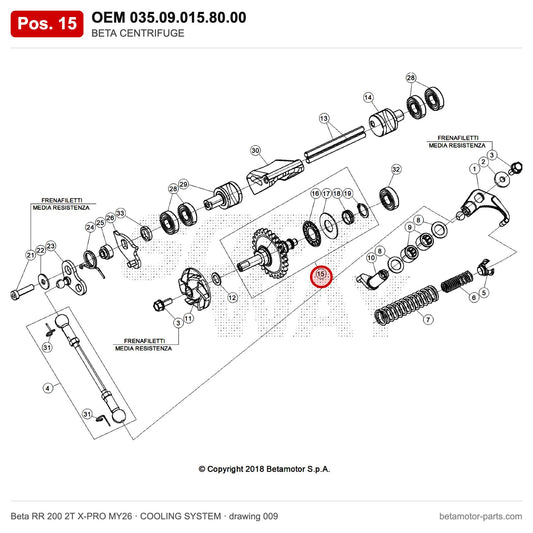 BETA CENTRIFUGE – OEM 035.09.015.80.00, position 15 on the Beta RR 200 2T X-PRO MY26 cooling system drawing