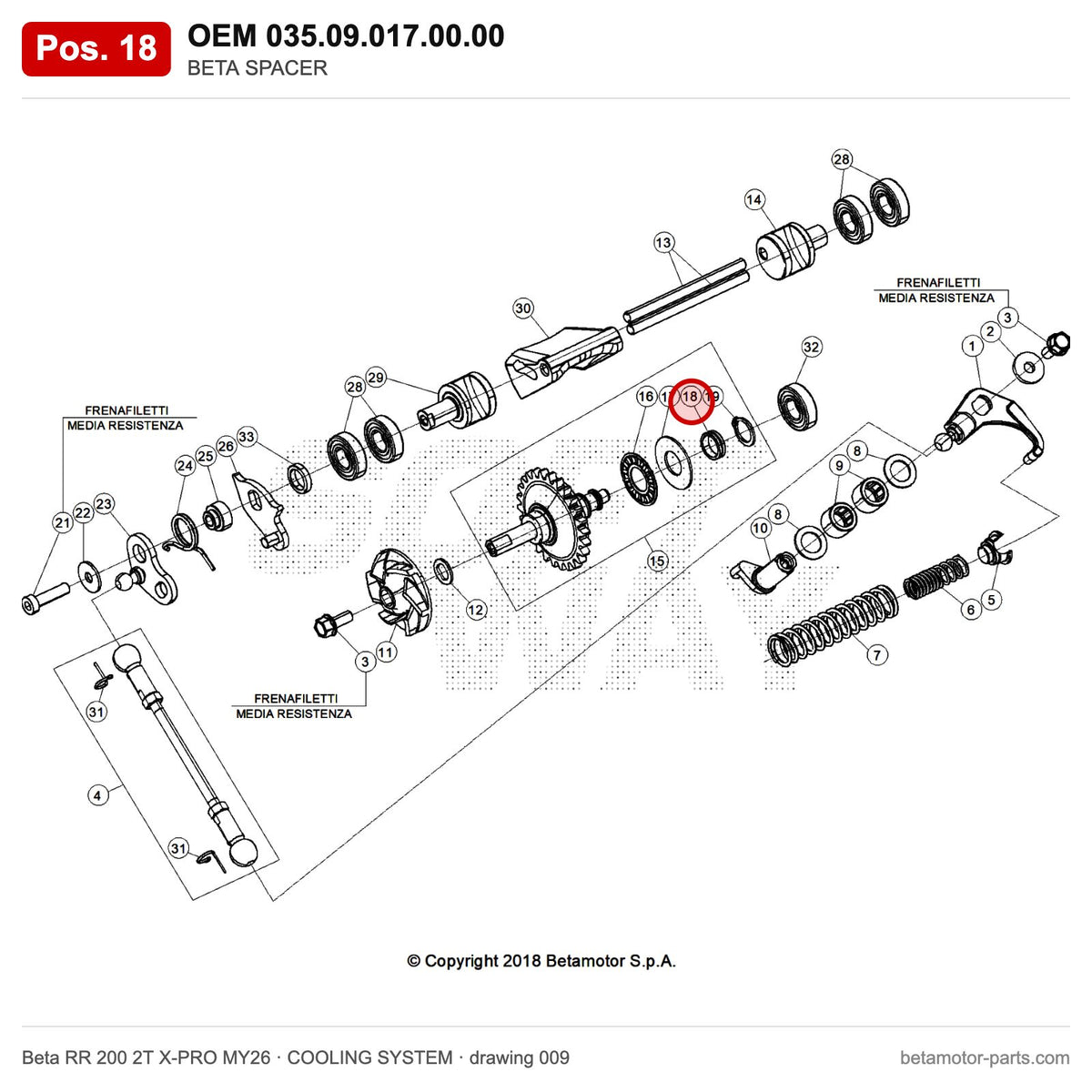 BETA SPACER – OEM 035.09.017.00.00, position 18 on the Beta RR 200 2T X-PRO MY26 cooling system drawing