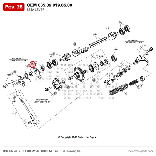 BETA LEVER – OEM 035.09.019.85.00, position 26 on the Beta RR 200 2T X-PRO MY26 cooling system drawing