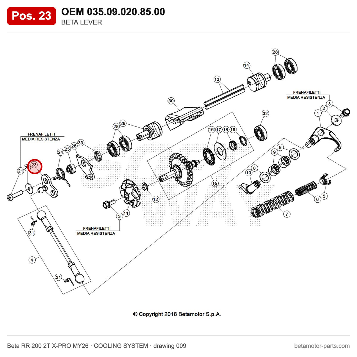 BETA LEVER – OEM 035.09.020.85.00, position 23 on the Beta RR 200 2T X-PRO MY26 cooling system drawing