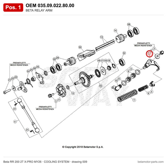 BETA RELAY ARM – OEM 035.09.022.80.00, position 1 on the Beta RR 200 2T X-PRO MY26 cooling system drawing