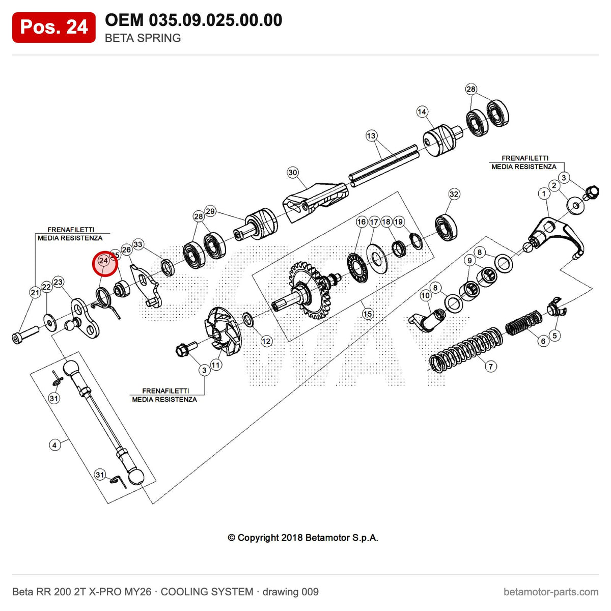 BETA SPRING – OEM 035.09.025.00.00, position 24 on the Beta RR 200 2T X-PRO MY26 cooling system drawing