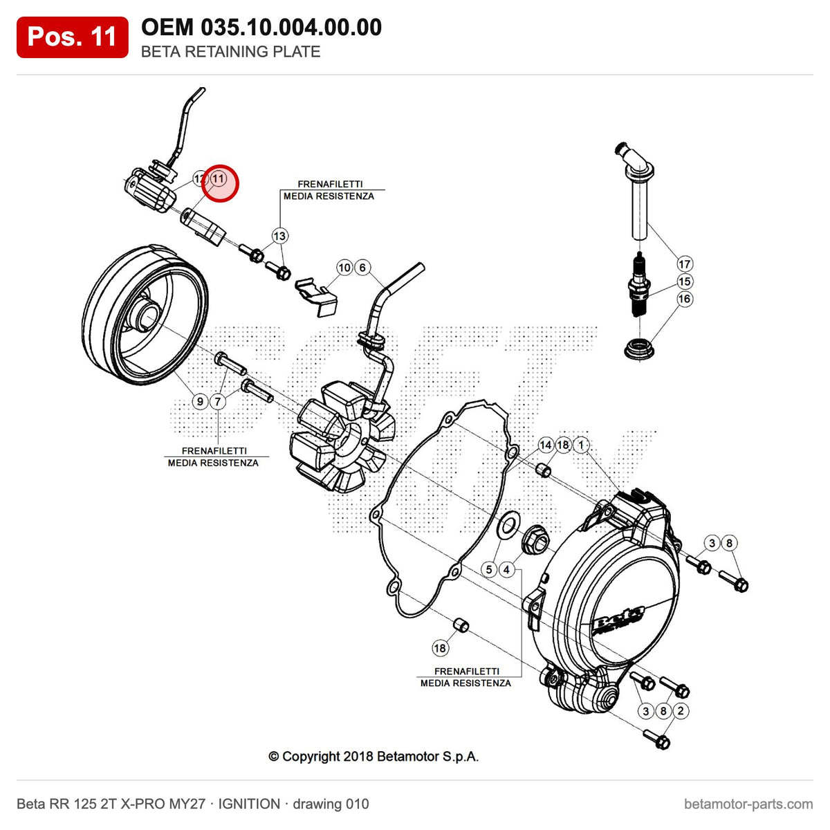 BETA RETAINING PLATE – OEM 035.10.004.00.00, position 11 on the Beta RR 125 2T X-PRO MY27 ignition drawing