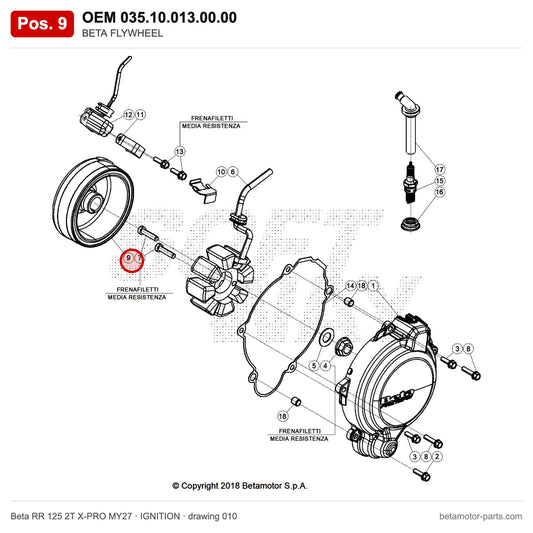 BETA FLYWHEEL – OEM 035.10.013.00.00, position 9 on the Beta RR 125 2T X-PRO MY27 ignition drawing