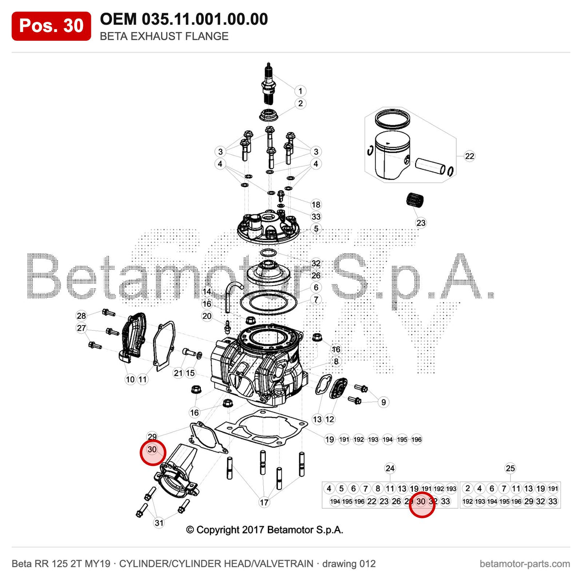 BETA EXHAUST FLANGE – OEM 035.11.001.00.00, position 30 on the Beta RR 125 2T MY19 cylinder/cylinder head/valvetrain drawing