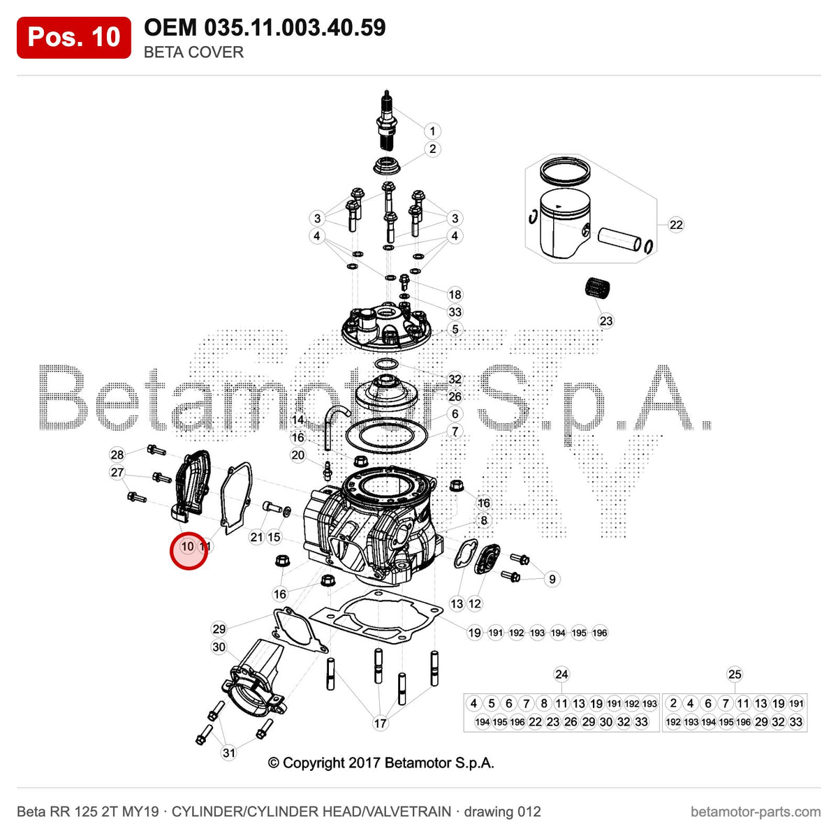BETA COVER – OEM 035.11.003.40.59, position 10 on the Beta RR 125 2T MY19 cylinder/cylinder head/valvetrain drawing
