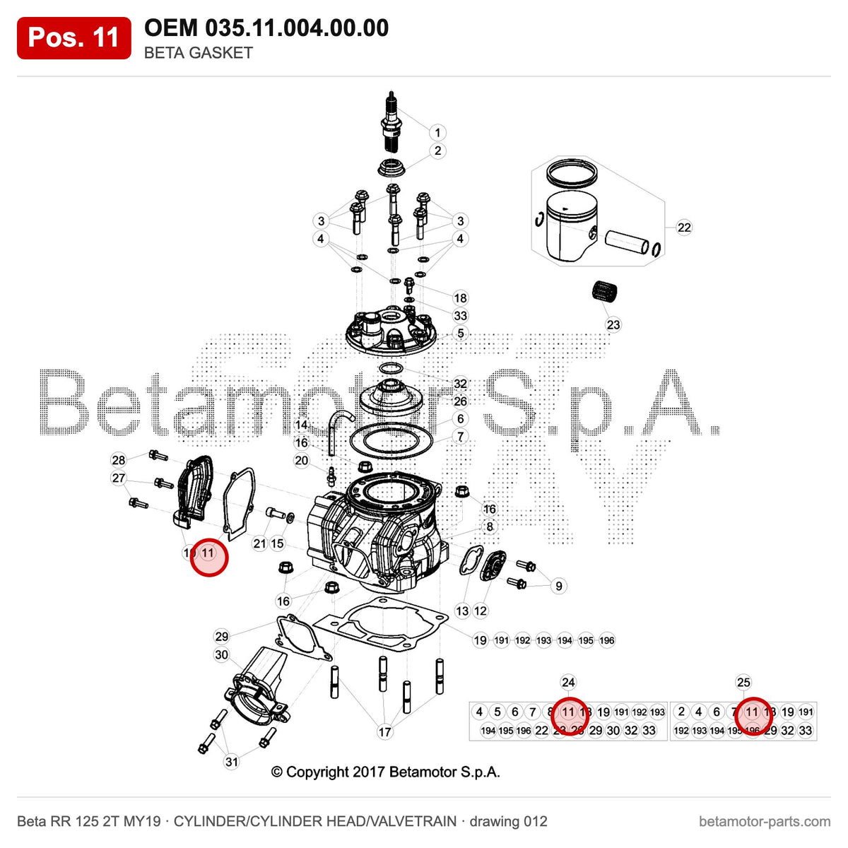 BETA GASKET – OEM 035.11.004.00.00, position 11 on the Beta RR 125 2T MY19 cylinder/cylinder head/valvetrain drawing