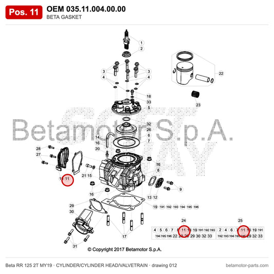 BETA GASKET – OEM 035.11.004.00.00, position 11 on the Beta RR 125 2T MY19 cylinder/cylinder head/valvetrain drawing