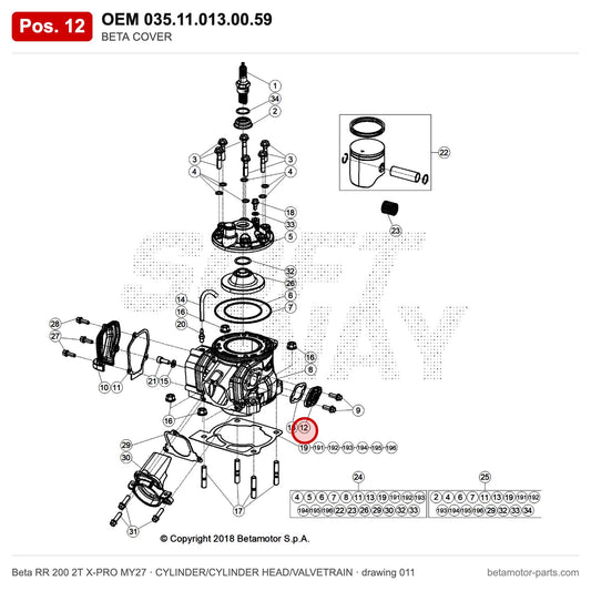BETA COVER – OEM 035.11.013.00.59, position 12 on the Beta RR 200 2T X-PRO MY27 cylinder/cylinder head/valvetrain drawing