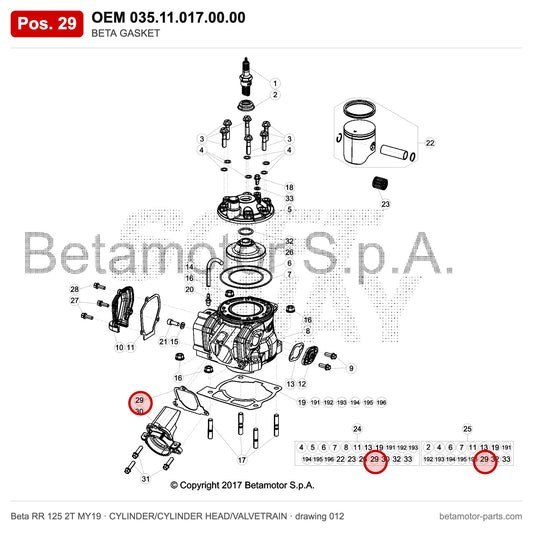 BETA GASKET – OEM 035.11.017.00.00, position 29 on the Beta RR 125 2T MY19 cylinder/cylinder head/valvetrain drawing