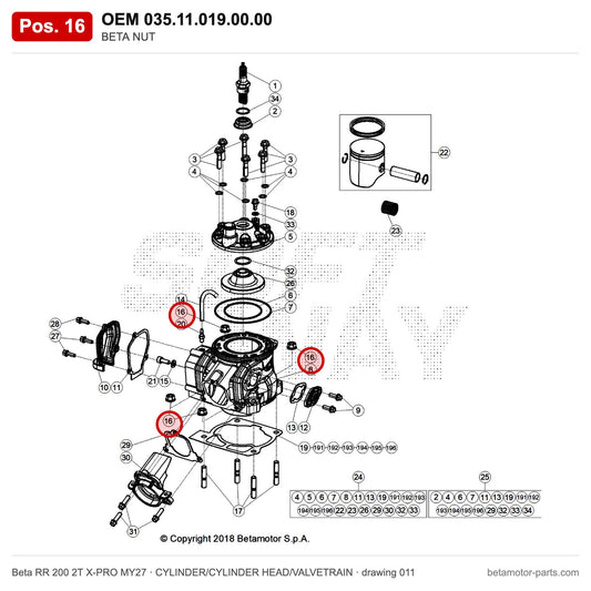 BETA NUT – OEM 035.11.019.00.00, position 16 on the Beta RR 200 2T X-PRO MY27 cylinder/cylinder head/valvetrain drawing