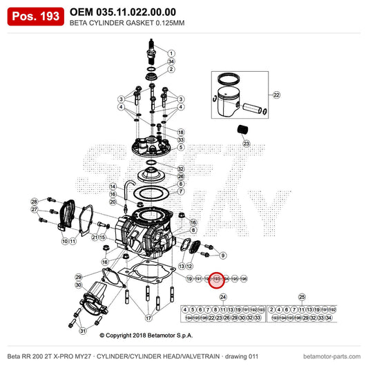 BETA CYLINDER GASKET 0.125MM – OEM 035.11.022.00.00, position 193 on the Beta RR 200 2T X-PRO MY27 cylinder/cylinder head/valvetrain drawing