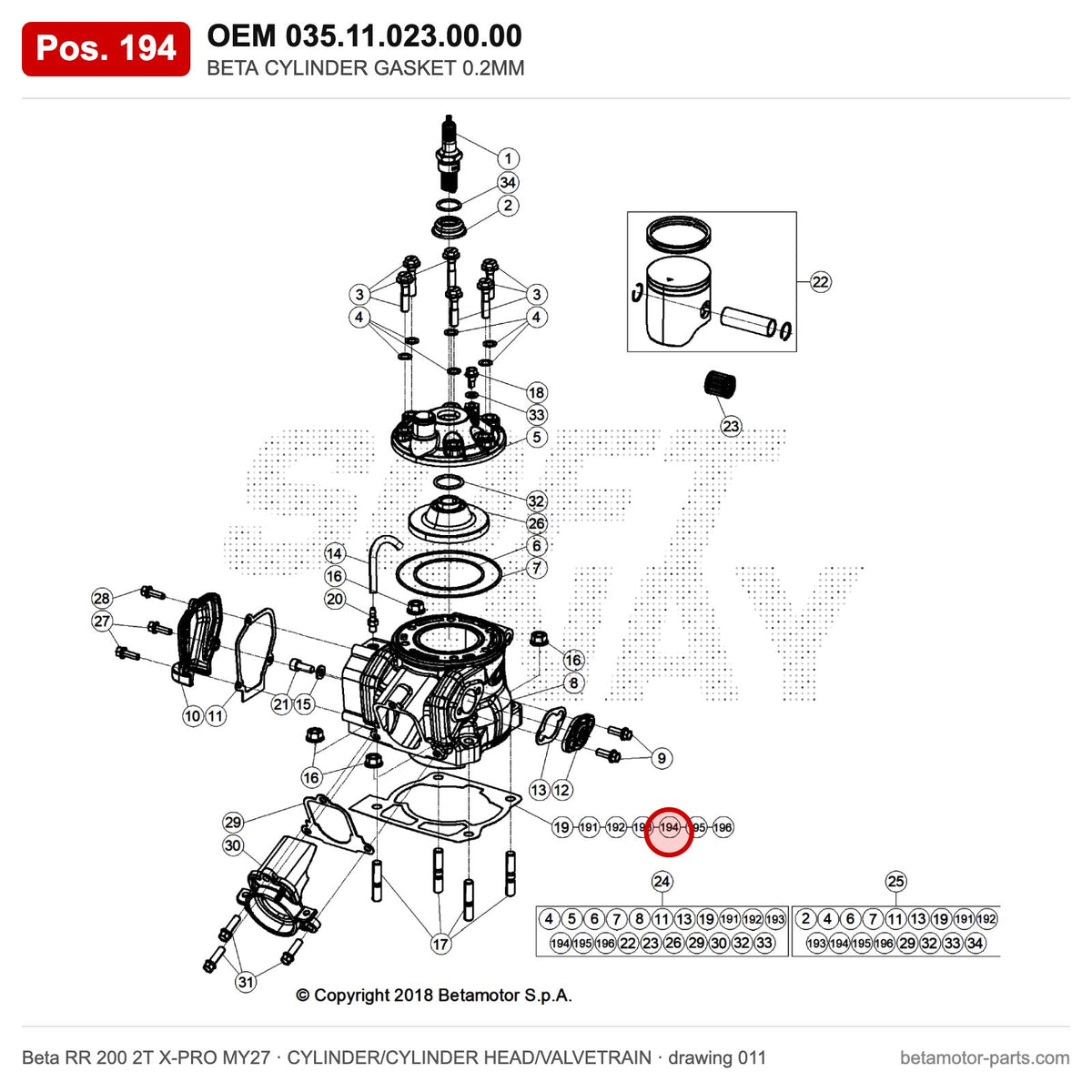 BETA CYLINDER GASKET 0.2MM – OEM 035.11.023.00.00, position 194 on the Beta RR 200 2T X-PRO MY27 cylinder/cylinder head/valvetrain drawing