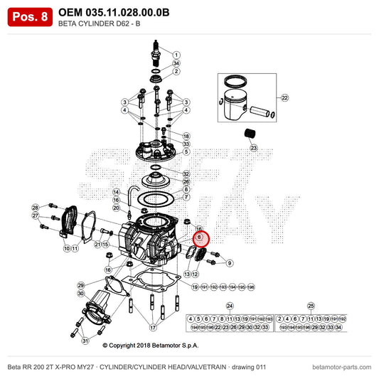 BETA CYLINDER D62 - B – OEM 035.11.028.00.0B, position 8 on the Beta RR 200 2T X-PRO MY27 cylinder/cylinder head/valvetrain drawing