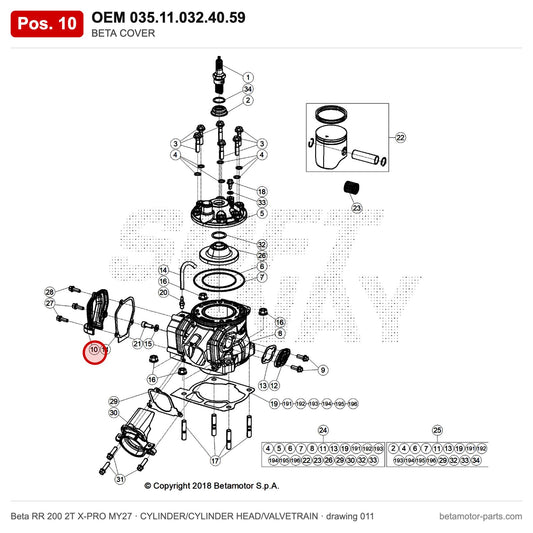 BETA COVER – OEM 035.11.032.40.59, position 10 on the Beta RR 200 2T X-PRO MY27 cylinder/cylinder head/valvetrain drawing