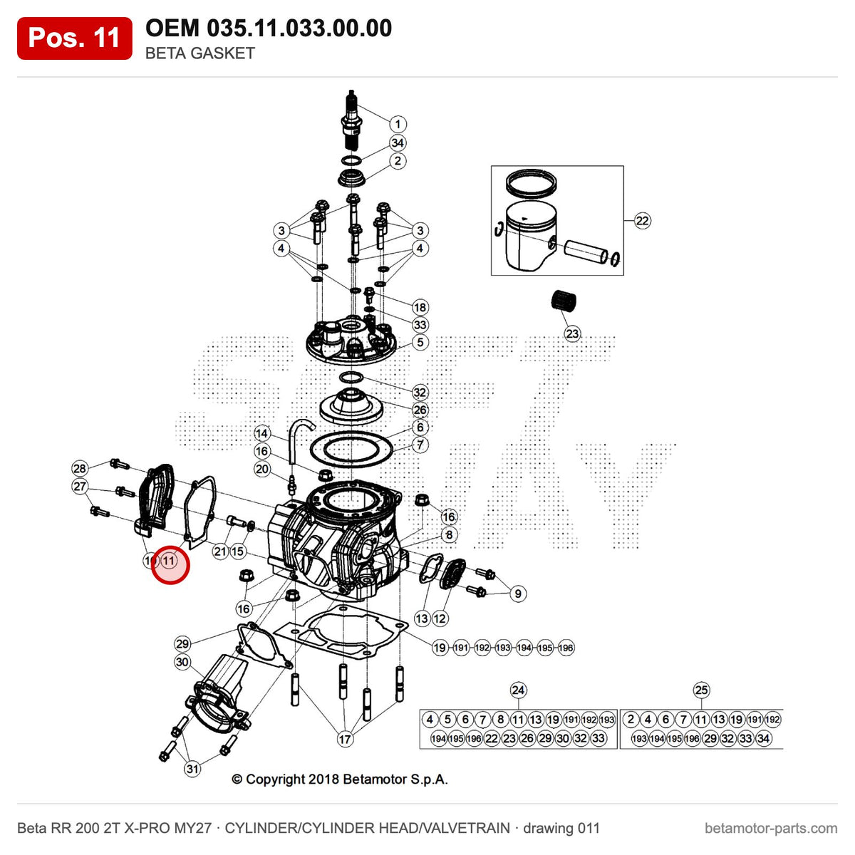 BETA GASKET – OEM 035.11.033.00.00, position 11 on the Beta RR 200 2T X-PRO MY27 cylinder/cylinder head/valvetrain drawing