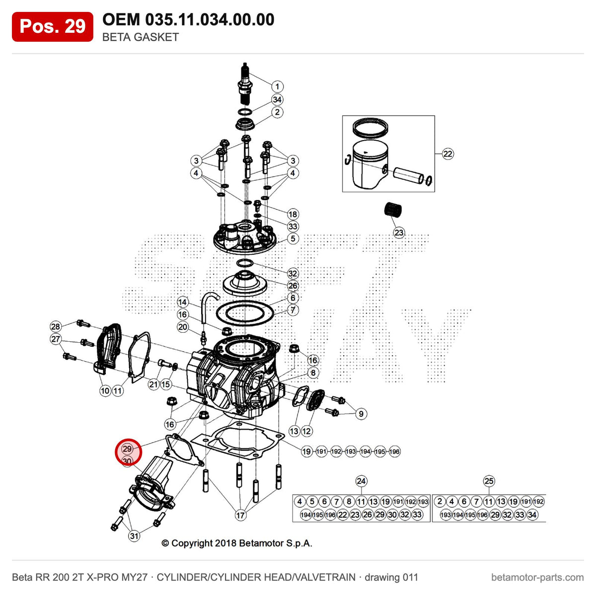 BETA GASKET – OEM 035.11.034.00.00, position 29 on the Beta RR 200 2T X-PRO MY27 cylinder/cylinder head/valvetrain drawing