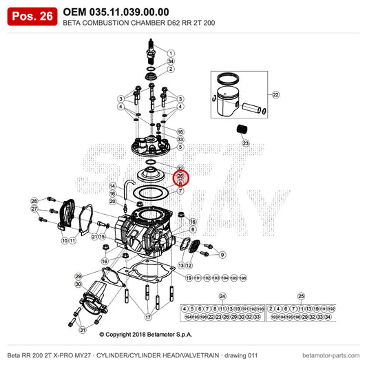 BETA COMBUSTION CHAMBER D62 RR 2T 200 – OEM 035.11.039.00.00, position 26 on the Beta RR 200 2T X-PRO MY27 cylinder/cylinder head/valvetrain drawing