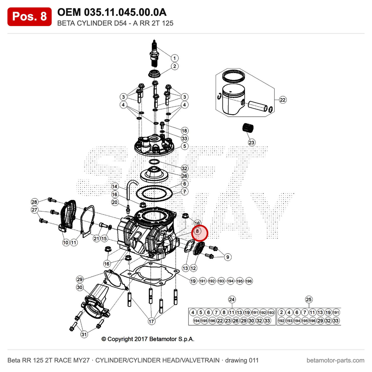BETA CYLINDER D54 - A RR 2T 125 – OEM 035.11.045.00.0A, position 8 on the Beta RR 125 2T RACE MY27 cylinder/cylinder head/valvetrain drawing