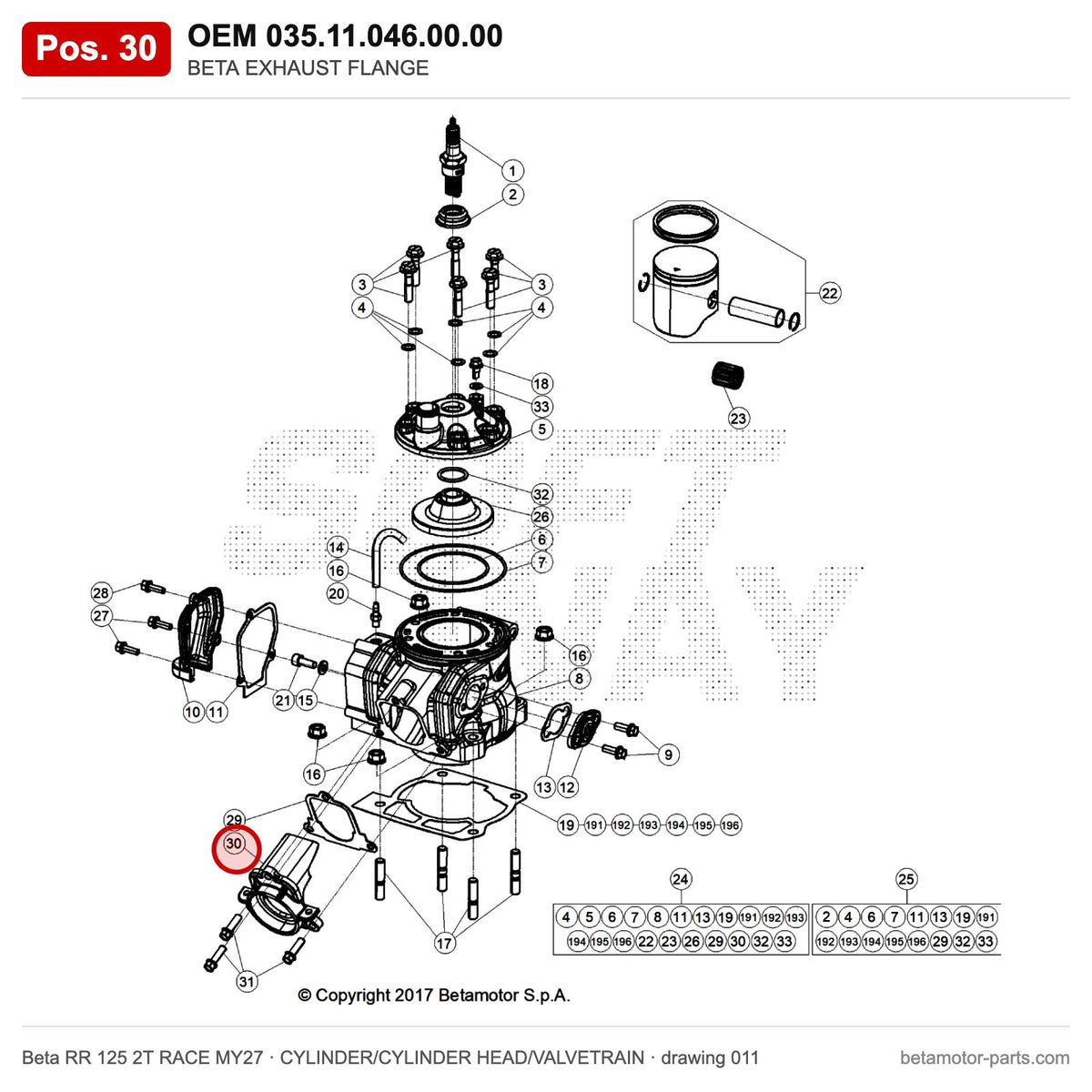 BETA EXHAUST FLANGE – OEM 035.11.046.00.00, position 30 on the Beta RR 125 2T RACE MY27 cylinder/cylinder head/valvetrain drawing