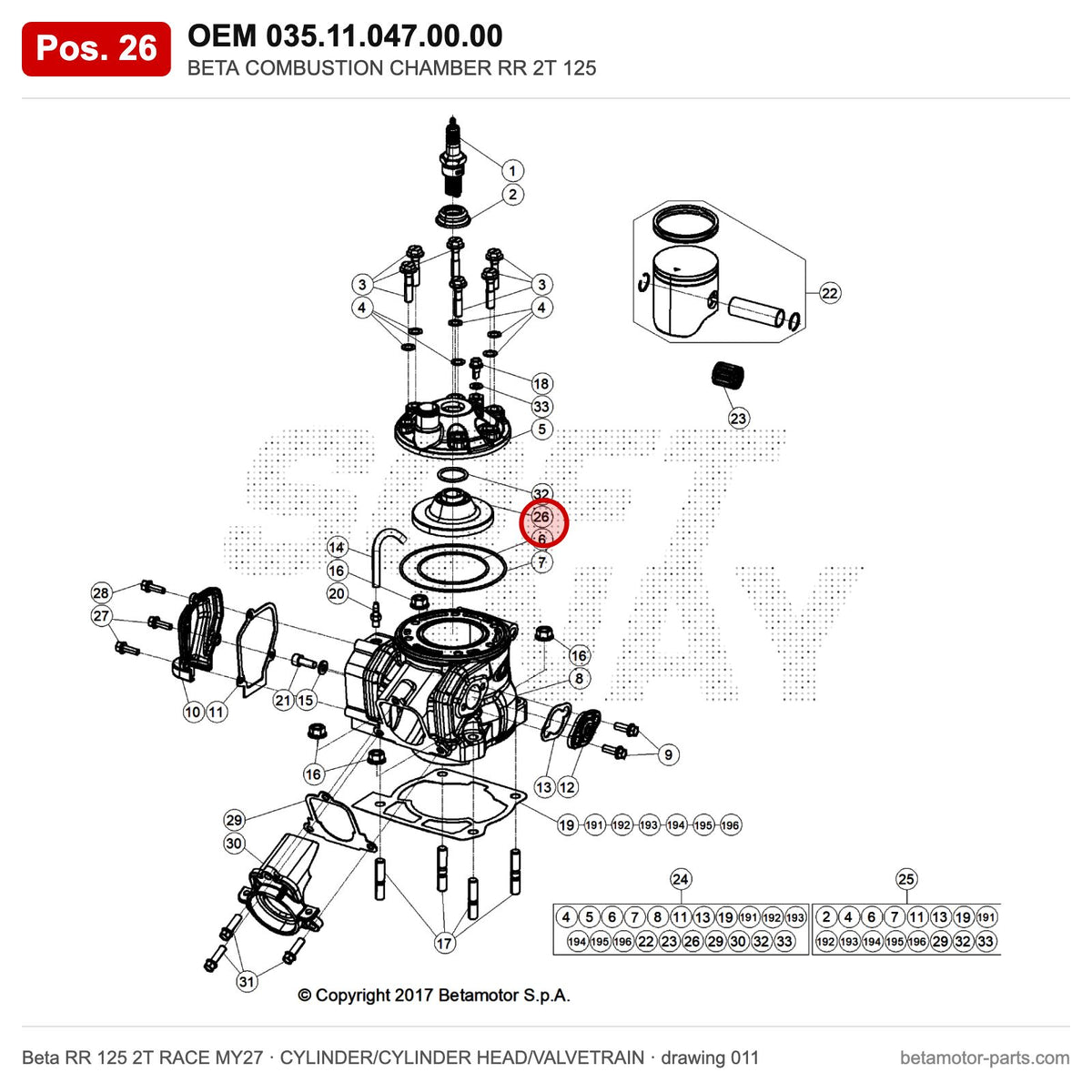 BETA COMBUSTION CHAMBER RR 2T 125 – OEM 035.11.047.00.00, position 26 on the Beta RR 125 2T RACE MY27 cylinder/cylinder head/valvetrain drawing