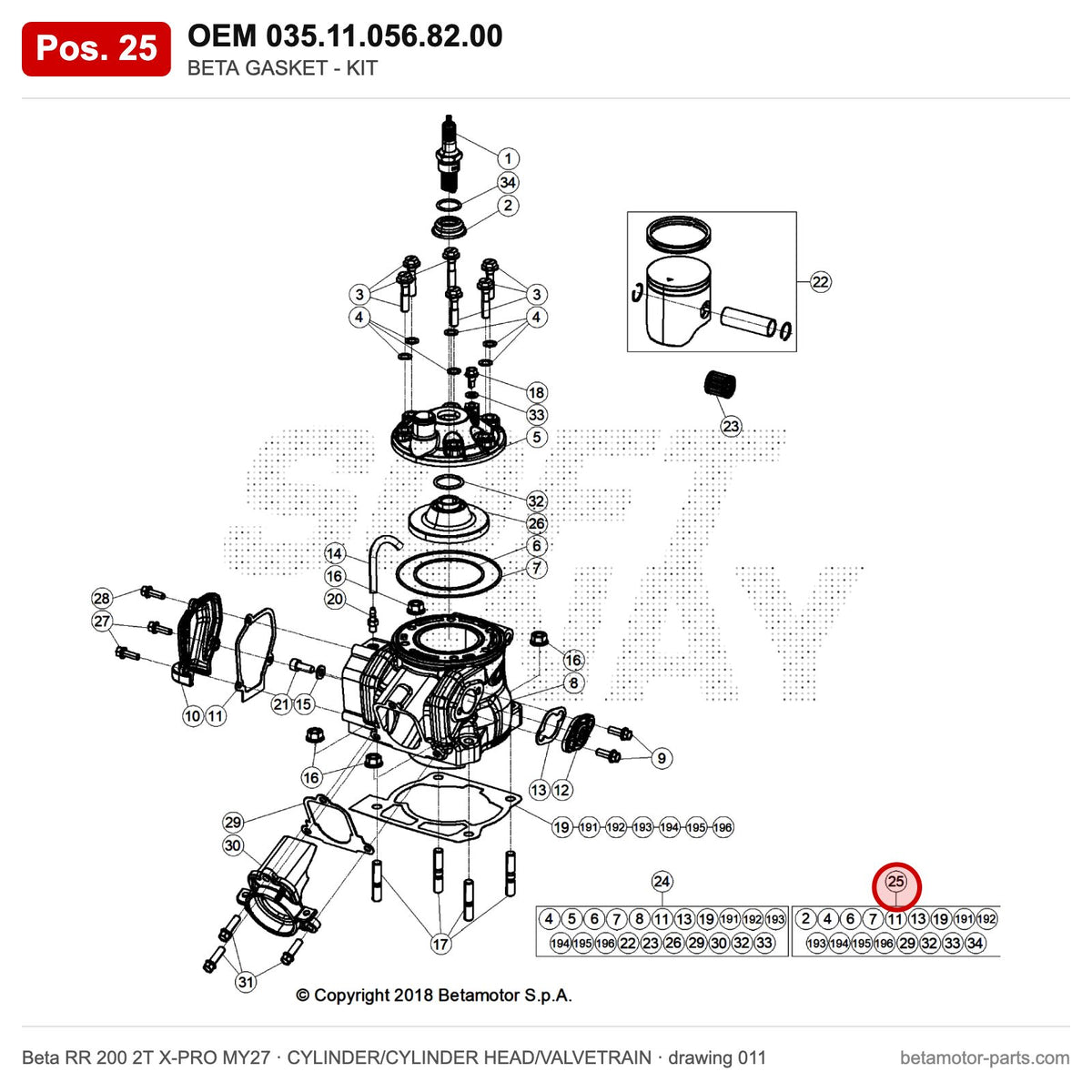 BETA GASKET - KIT – OEM 035.11.056.82.00, position 25 on the Beta RR 200 2T X-PRO MY27 cylinder/cylinder head/valvetrain drawing