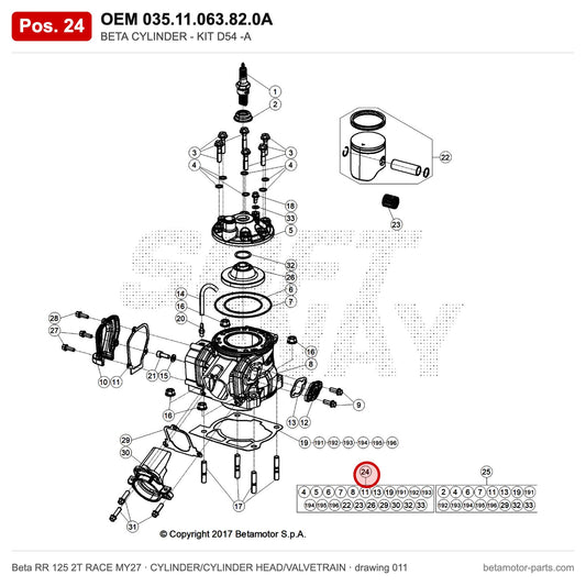 BETA CYLINDER - KIT D54 -A – OEM 035.11.063.82.0A, position 24 on the Beta RR 125 2T RACE MY27 cylinder/cylinder head/valvetrain drawing