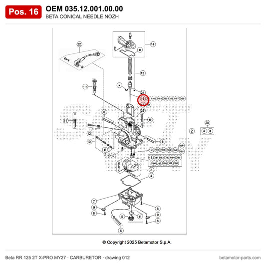 BETA CONICAL NEEDLE NOZH – OEM 035.12.001.00.00, position 16 on the Beta RR 125 2T X-PRO MY27 carburetor drawing