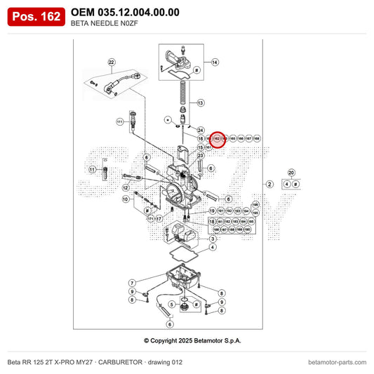 BETA NEEDLE N0ZF – OEM 035.12.004.00.00, position 162 on the Beta RR 125 2T X-PRO MY27 carburetor drawing