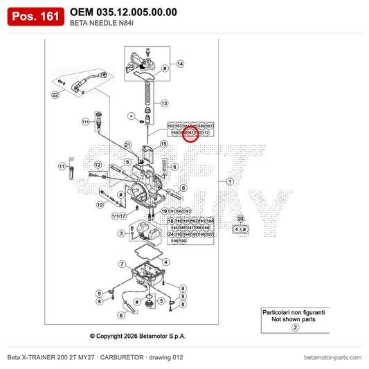 BETA NEEDLE N84I – OEM 035.12.005.00.00, position 161 on the Beta X-TRAINER 200 2T MY27 carburetor drawing