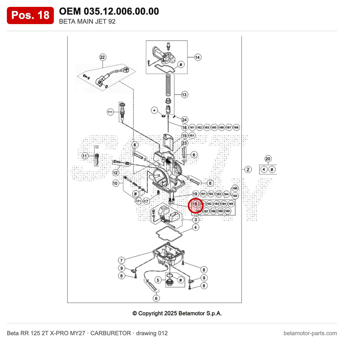 BETA MAIN JET 92 – OEM 035.12.006.00.00, position 18 on the Beta RR 125 2T X-PRO MY27 carburetor drawing
