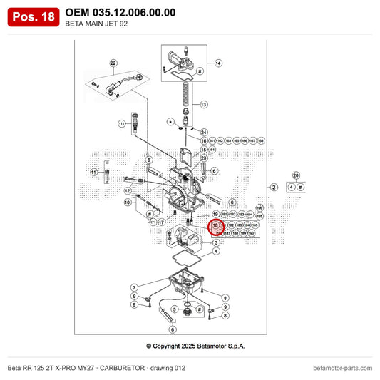 BETA MAIN JET 92 – OEM 035.12.006.00.00, position 18 on the Beta RR 125 2T X-PRO MY27 carburetor drawing