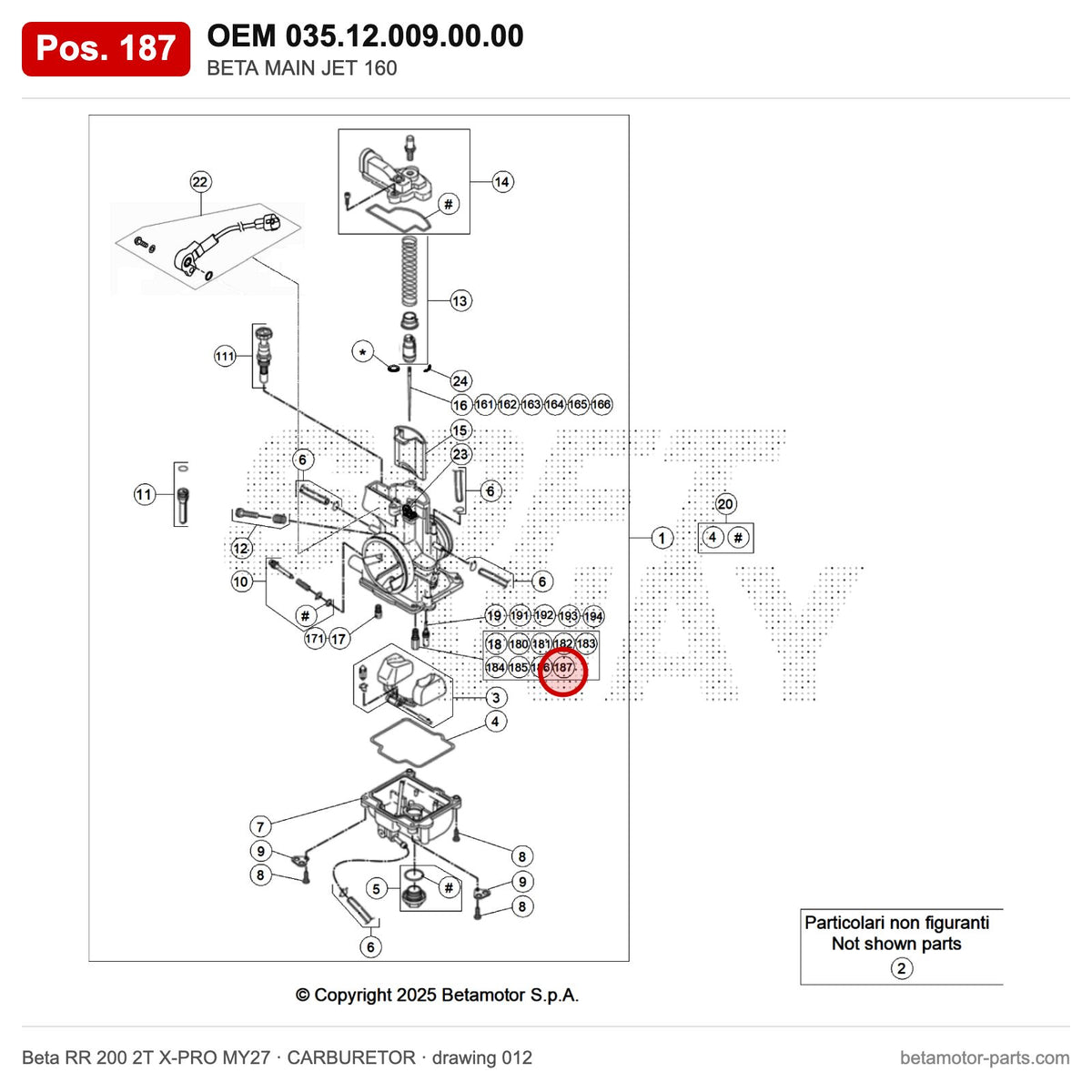 BETA MAIN JET 160 – OEM 035.12.009.00.00, position 187 on the Beta RR 200 2T X-PRO MY27 carburetor drawing