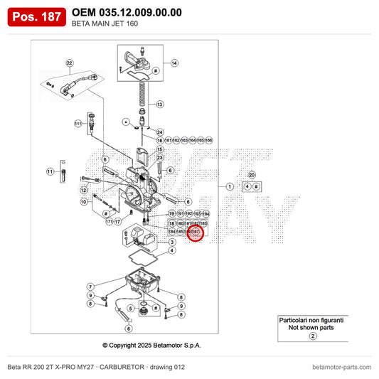 BETA MAIN JET 160 – OEM 035.12.009.00.00, position 187 on the Beta RR 200 2T X-PRO MY27 carburetor drawing